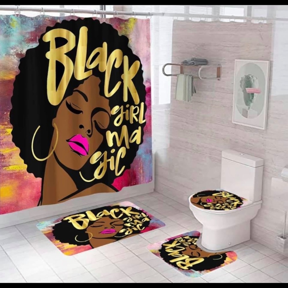 4 piece black girl shower curtain set